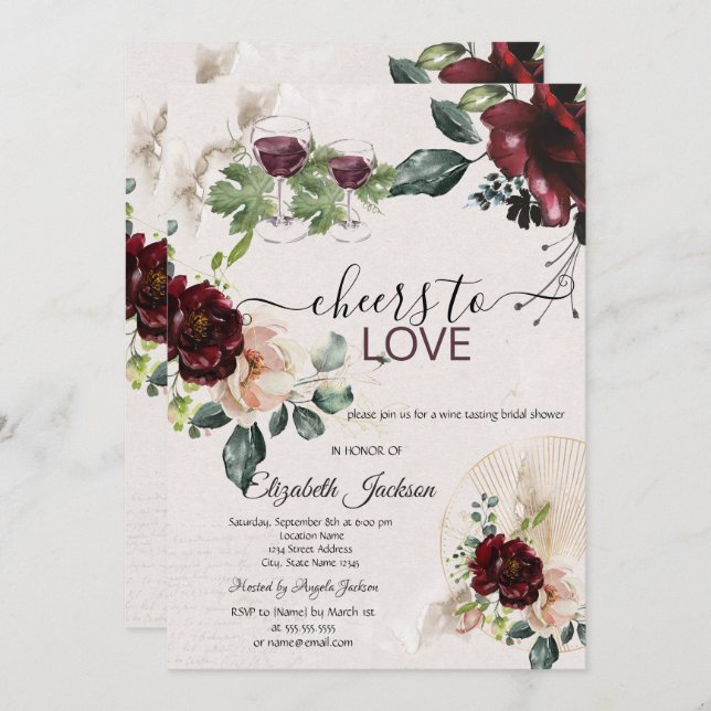 Cheers To Love Burgundy Roses Bridal Shower Invitation (Front/Back)