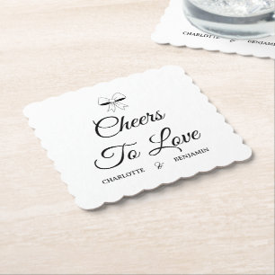 Cheers To Love Burgundy Script Ivory Bow Wedding Paper Coaster