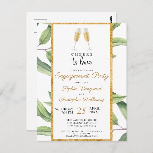 Cheers to Love Champagne Greenery Engagement Party Postcard (Front/Back)