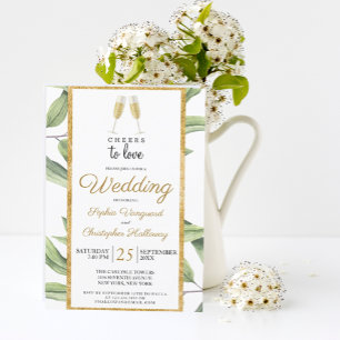 Cheers to Love Chic Champagne Botanical Wedding Invitation
