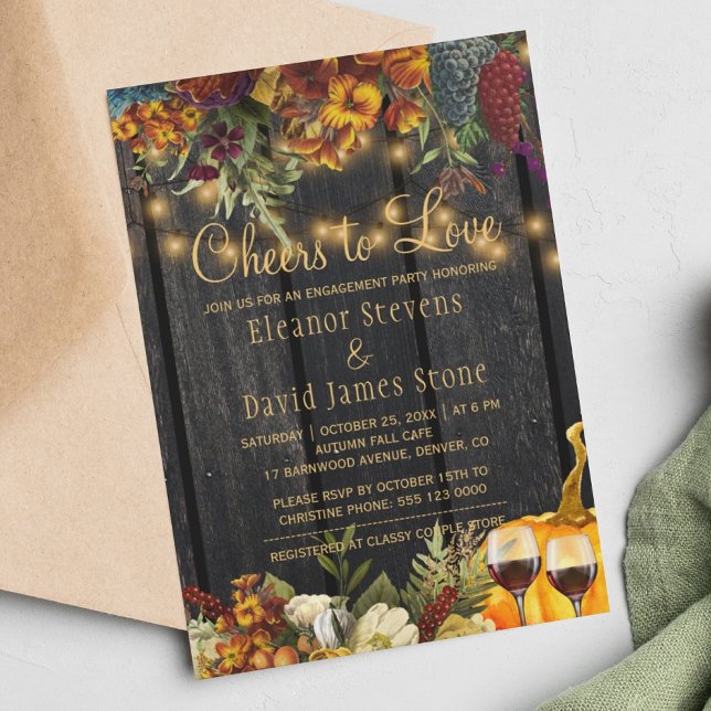 Cheers to Love fall wood floral engagement party Invitation (Creator Uploaded)