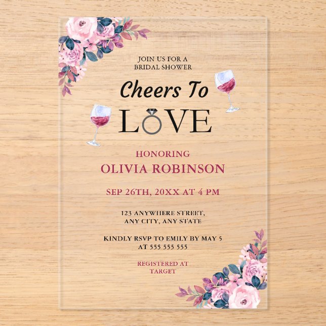 Cheers to Love Floral Wine Theme Bridal Shower Acrylic Invitations (Front)