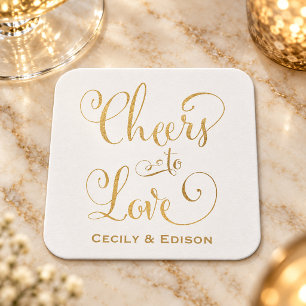 Cheers to Love Gold Script Wedding Monogram Square Paper Coaster
