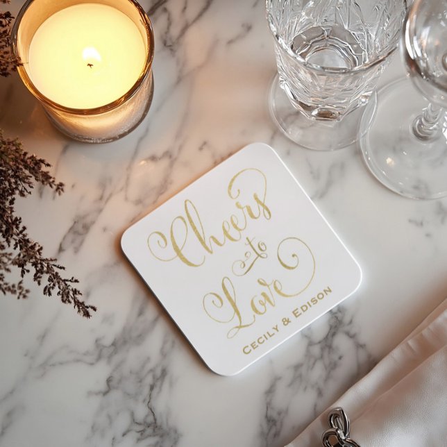 Cheers to Love Gold Script Wedding Monogram Square Paper Coaster (Creator Uploaded)