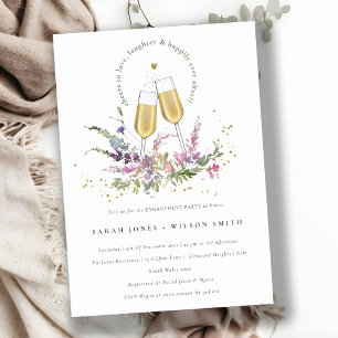 Cheers to Love Gold Wine Glasses Floral Engagement Invitation