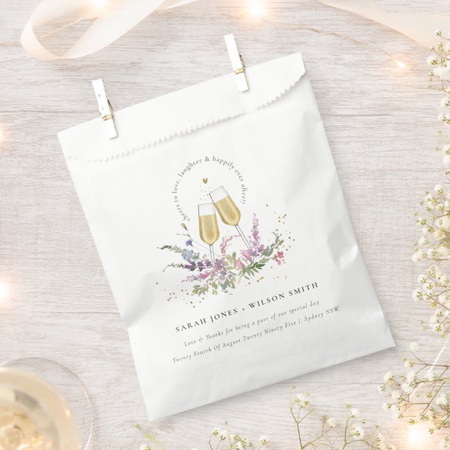 Cheers to Love Gold Wine Glasses Floral Wedding Favour Bag (Clipped)