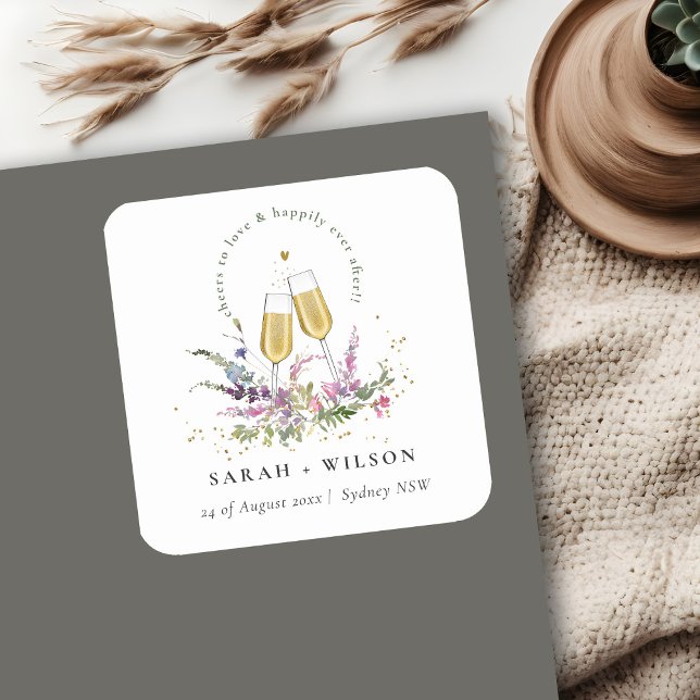 Cheers to Love Gold Wine Glasses Floral Wedding Square Sticker (Creator Uploaded)