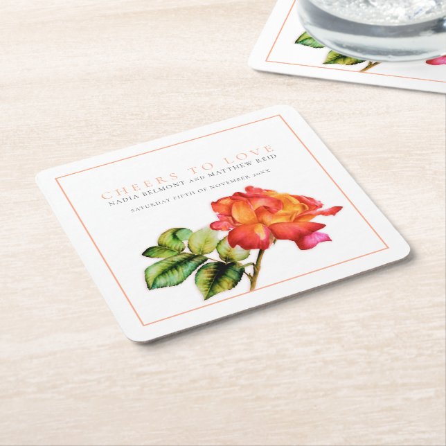 Cheers to love hybrid tea rose orange red wedding square paper coaster (Angled)