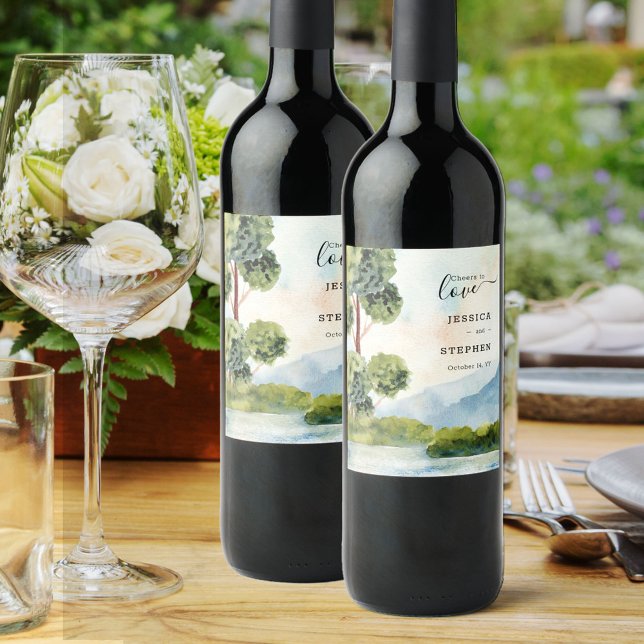 Cheers to Love Lake Evergreen Watercolor Wedding Wine Label (Creator Uploaded)