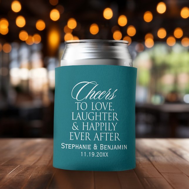 Cheers to love laughter happily ever after Wedding Can Cooler (Wedding and Anniversary Can Cooler - Personalize with names and dates)