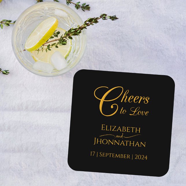 Cheers to Love Minimal Black & Gold Script Wedding Square Paper Coaster (Creator Uploaded)