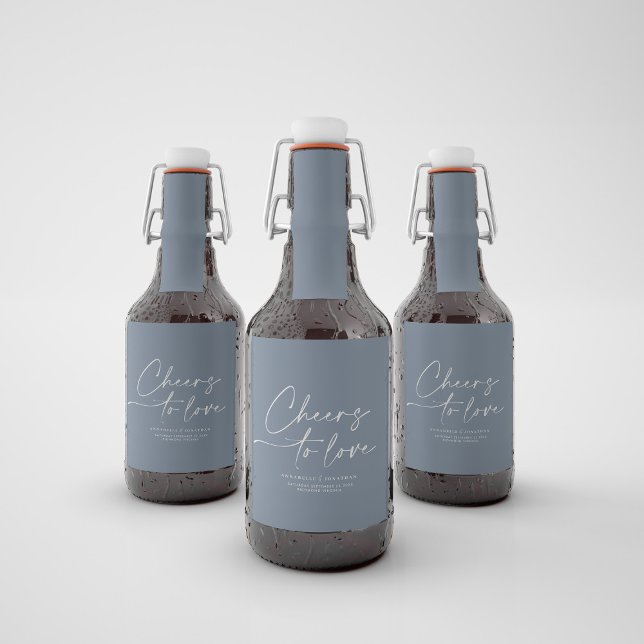 Cheers to love modern blue minimal script wedding liquor bottle label (Creator Uploaded)