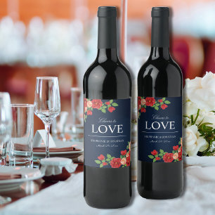 Cheers to Love Navy Blue Red Rose Elegant Wedding  Wine Label