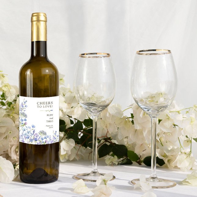 Cheers to Love Periwinkle Wildflower Wedding Wine Label (Wine bottle labels from my Lilac + Periwinkle Wildflower Wedding Collection)