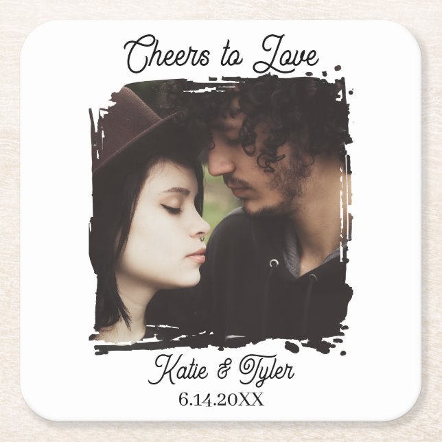 Cheers to Love | Photo Template Wedding Square Paper Coaster (Front)