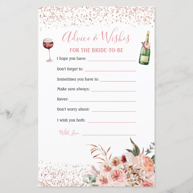 Cheers to Love Pink Bridal Shower Advice & Wishes (Front)