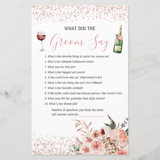 Cheers to Love Pink Bridal Shower What Groom Says (Front)