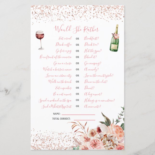 Cheers to Love Pink Bridal Shower Would She Rather (Front)