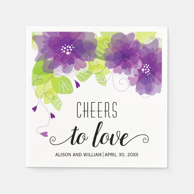 Cheers to Love, purple flowers, floral wedding Napkin (Front)