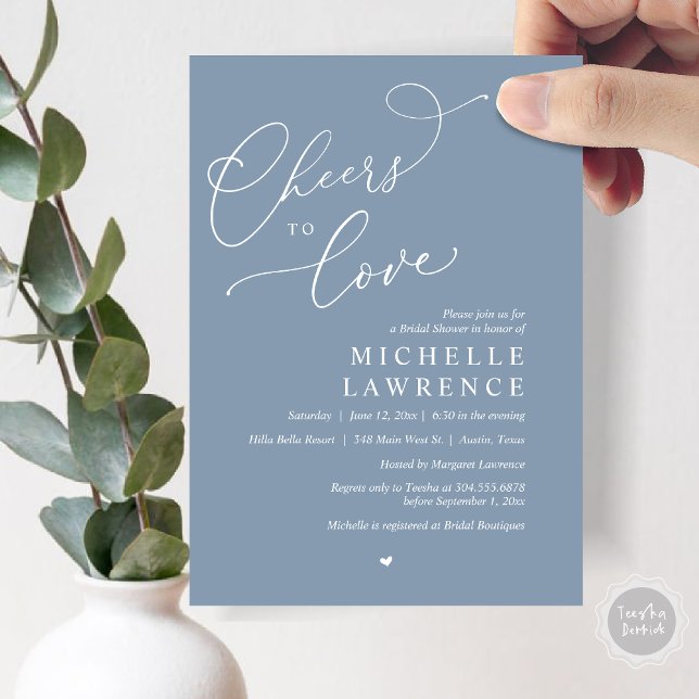Cheers to love, Romantic Bridal Shower Party Invitation (Cheers to love, Romantic Bridal Shower Party Invitation Card, PDF, in Dusty Blue)