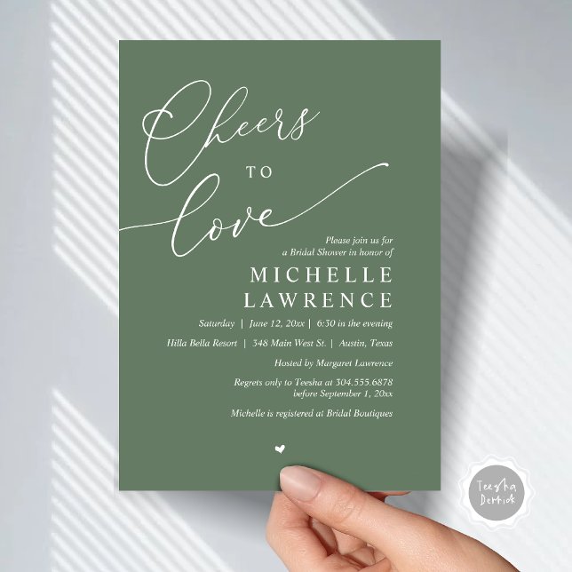 Cheers to love, Romantic Bridal Shower Party Invitation (Cheers to love, Romantic Bridal Shower Party Invitation Card, PDF, in Forest Sage Green)