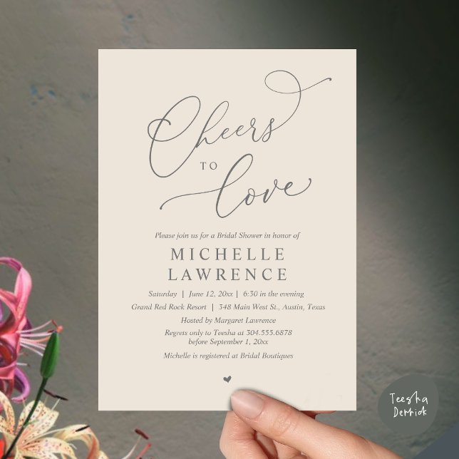 Cheers to love, Romantic Bridal Shower Party Invitation (Cheers to love, Romantic Bridal Shower Party Dinner Wine Cocktail Invitation Card, PDF, Cream Grey)