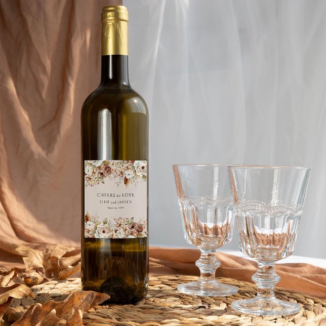 Cheers to Love Rustic Country Floral Wedding Wine Label (Cheers to love wine bottle labels - Rustic Floral Brown Neutral Wedding Collection by Darling & May)