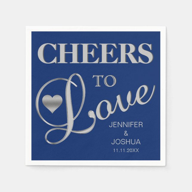 CHEERS TO LOVE Silver Navy Blue Nautical Wedding Napkin (Front)