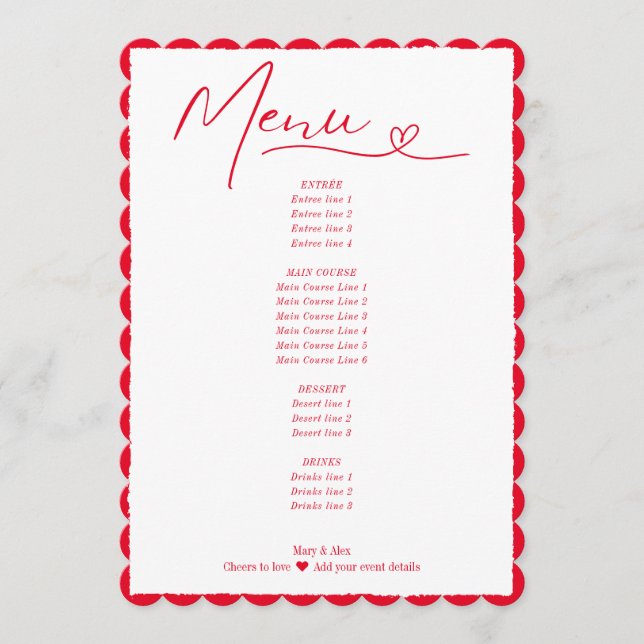 Cheers To Love Simple Red Heart Script Wedding Menu (Front)