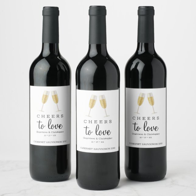 Cheers to Love Sparkling Wine Toast Wedding Modern Wine Label (Bottles)