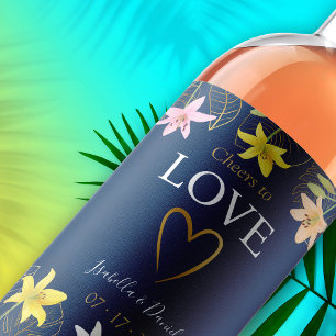 Cheers to Love Tropical Floral Blue Teal Wedding  Wine Label
