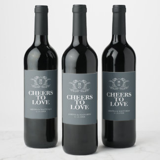 Cheers to Love Vintage Crest Monogram Blue Wedding Wine Label