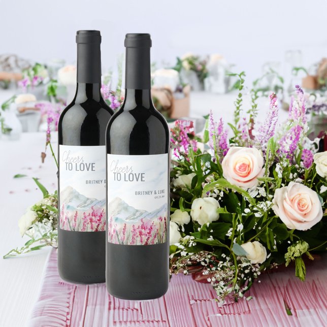 Cheers to Love Watercolor Mountain Wedding Wine Label (Cheers to Love Mountain Meadow wine bottle labels)