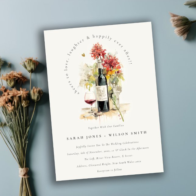 Cheers to Love Wine Red Yellow Floral Wedding Invitation (Creator Uploaded)