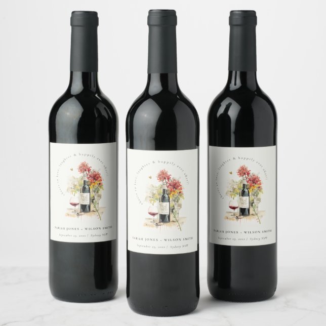 Cheers to Love Wine Red Yellow Floral Wedding Label (Bottles)