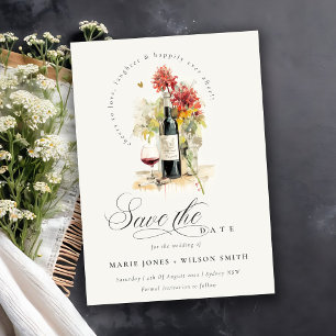 Cheers to Love Wine Red Yellow Floral Wedding Save The Date