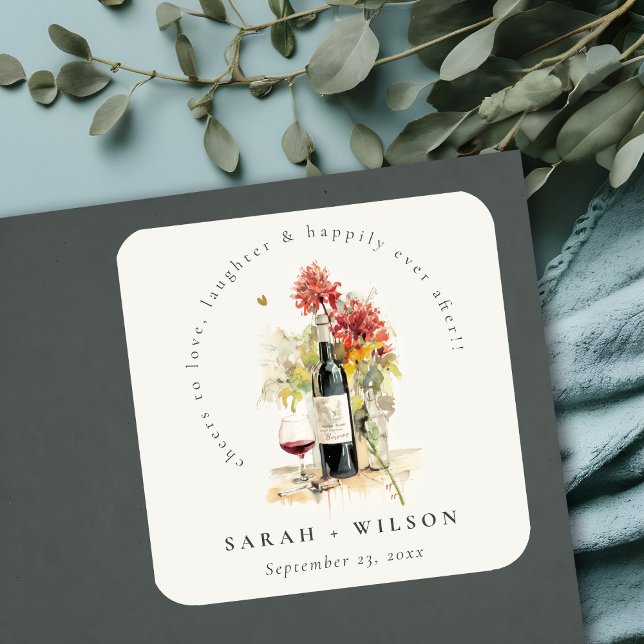 Cheers to Love Wine Red Yellow Floral Wedding Square Sticker (Creator Uploaded)