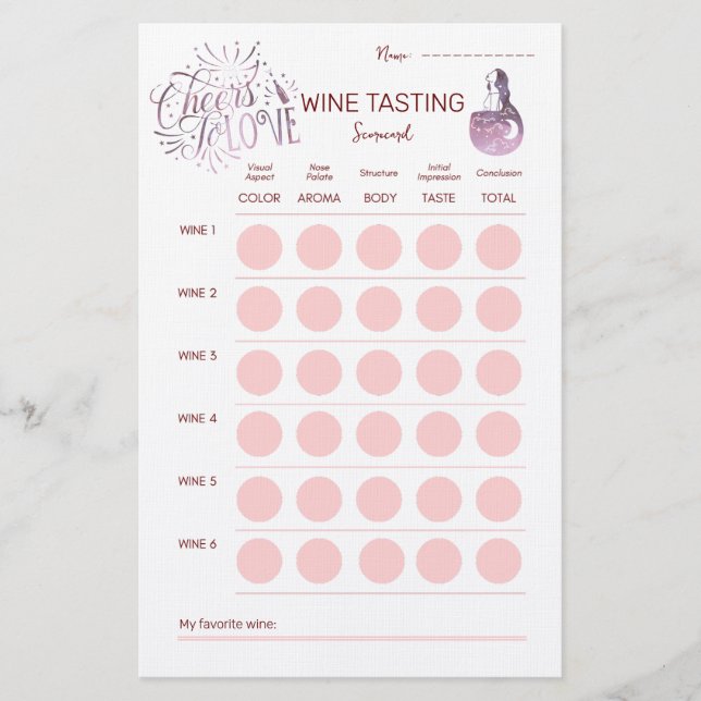 Cheers To Love Wine Tasting Scorecard Stationery (Front)