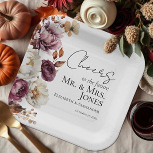 Cheers to Mr and Mrs Burgundy Fall Engagement Paper Plate