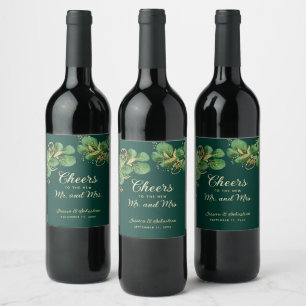 Cheers to Mr and Mrs Emerald Green & Gold Wedding Wine Label