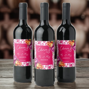 Cheers to mr and mrs fuchsia tiles orange peonies wine label