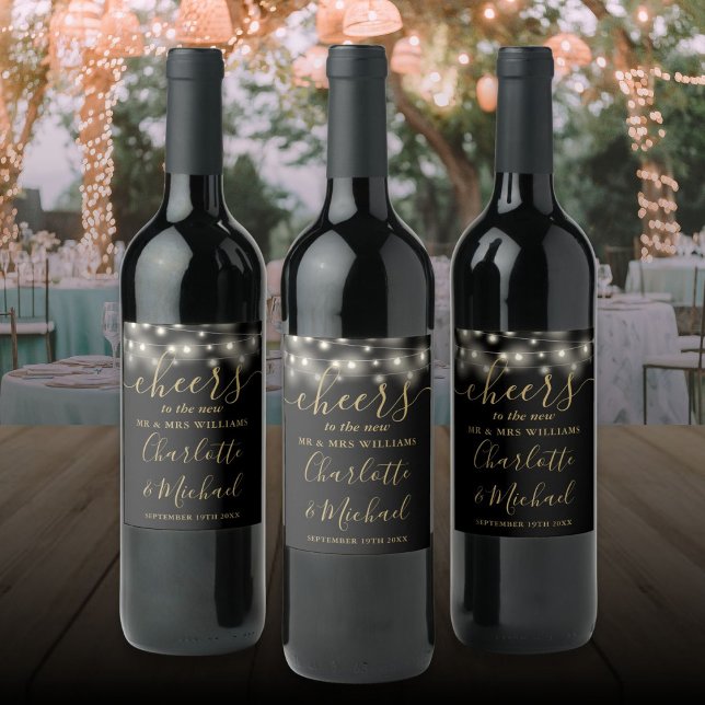 Cheers To Mr And Mrs Lights Black Gold Wedding Wine Label (Cheers To Mr And Mrs Lights Black Gold Wedding Wine Label)