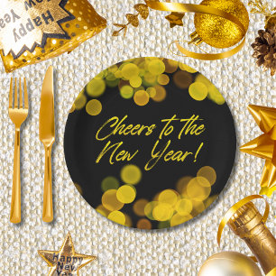 Cheers to New Year Golden Bokeh Lights  Paper Plate