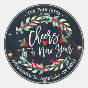 Cheers to New Year Merry Christmas Floral Address Classic Round Sticker