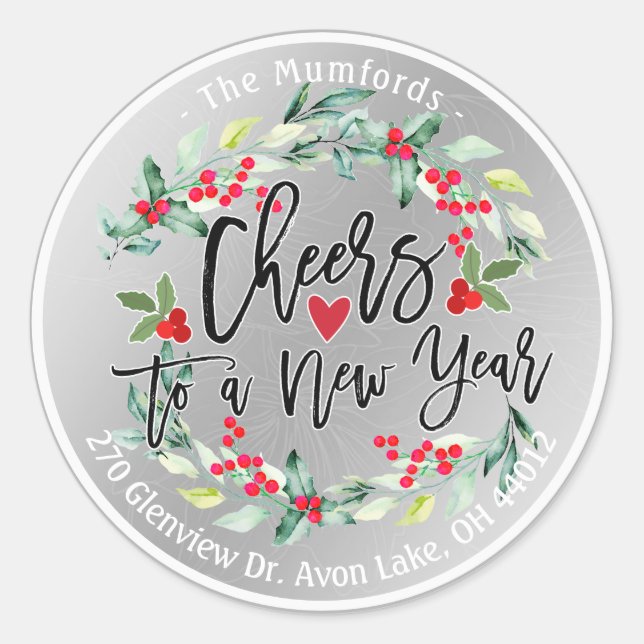 Cheers to New Year Merry Christmas Floral Address Classic Round Sticker (Front)