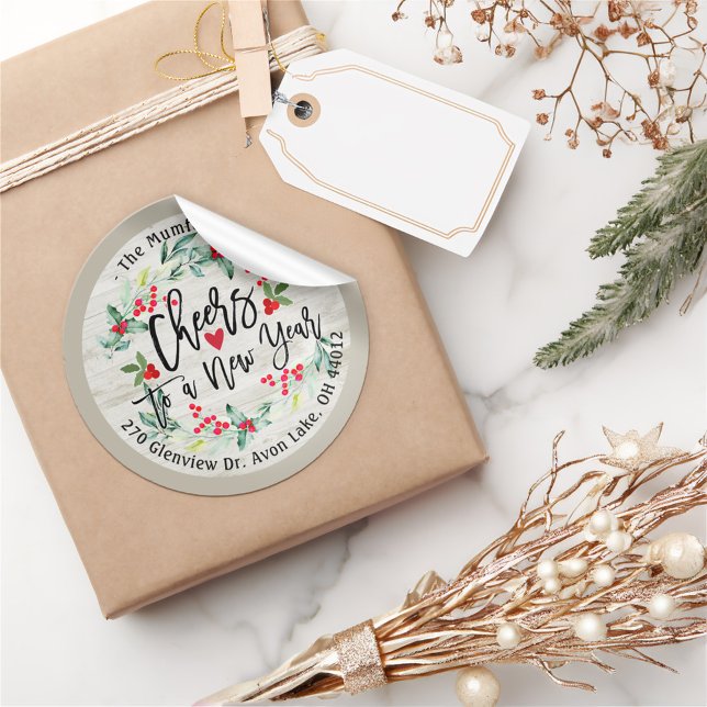 Cheers to New Year Merry Christmas Floral Address Classic Round Sticker (Creator Uploaded)