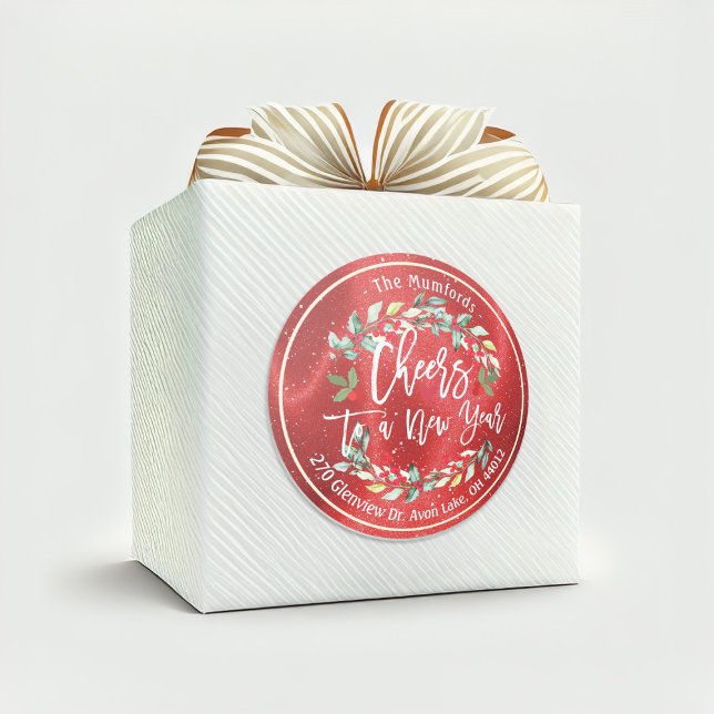 Cheers to New Year Merry Christmas Floral Address Classic Round Sticker (Creator Uploaded)