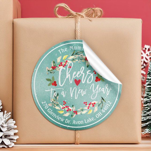 Cheers to New Year Merry Christmas Floral Address Classic Round Sticker (Creator Uploaded)