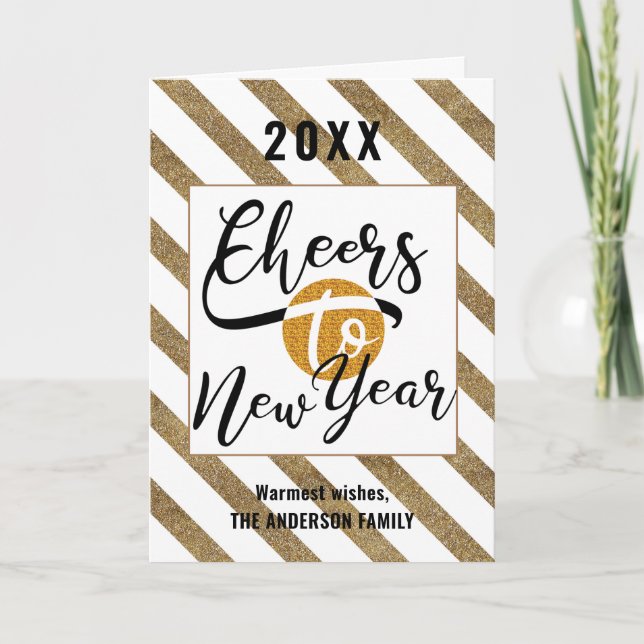 Cheers To New Year Modern Script Festive Gold Chic Holiday Card (Front)