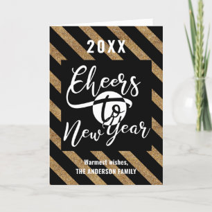 Cheers To New Year Modern Script Gold Black Photo Holiday Card